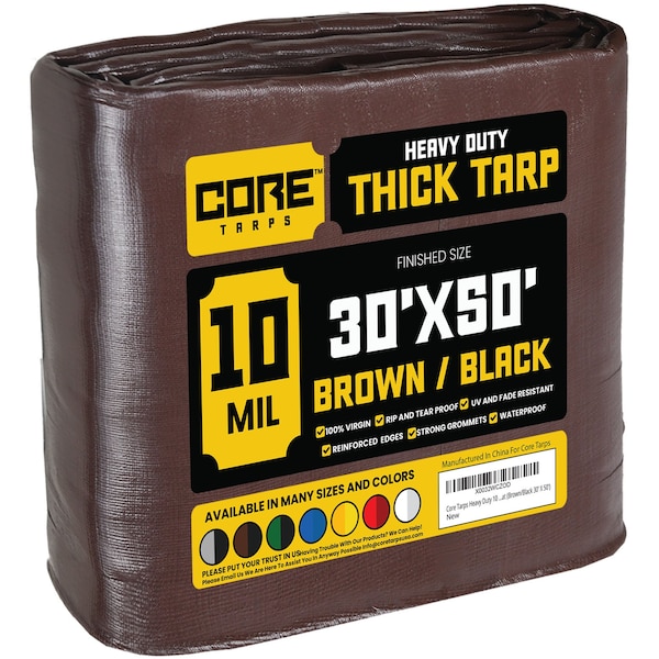 Core Tarps Heavy Duty Tarp, 50 ft L x 0.5 mm H x 30 ft W, 10 Mil, Brown/Black, Polyethylene CT-602-30X50 - main